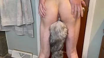 play Fox tail plug with lots of cum at end